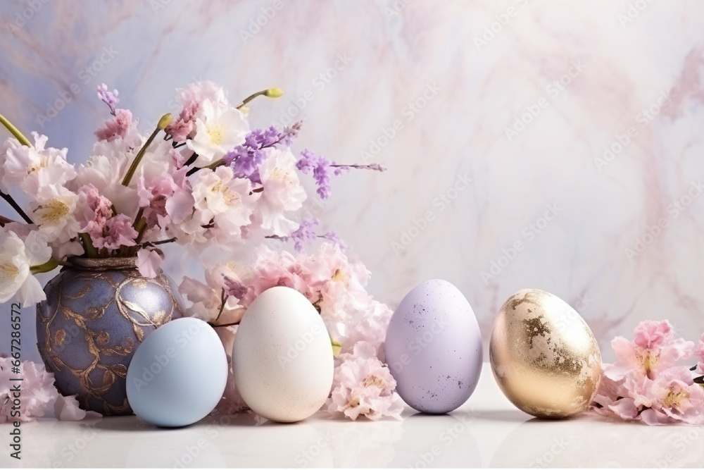 Easter eggs in a white marble background