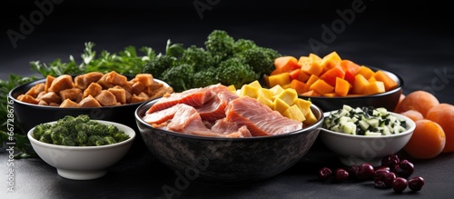BARF Diet for dogs Natural organic food with raw meat eggs and vegetables served in a bowl Dogs paws on grey background