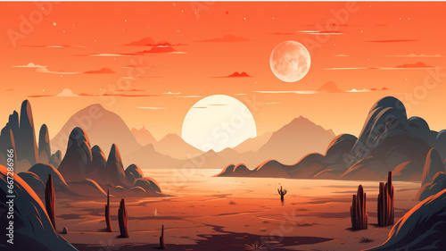 Sunset in the desert with mountains and trees. Vector illustration.