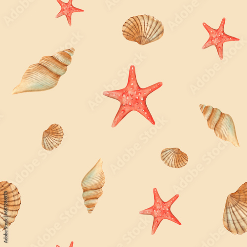 Watercolor under the sea hand drawn seamless pattern with red starfish and seashells on beige background. For fabric, textiles, baby clothes, wallpaper, marine beach design.