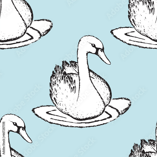 Seamless pattern with funny swan birds. Flat vector illustration with cartoon bird silhouette. Cute characters. Design for invitation, poster, card, textile, fabric