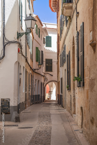 Narrow street in the historic part of the city of Ciutadella on the Spanish island of Menorca.