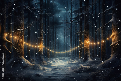 Moody festive Christmas night scene in the woods with Christmas lights and snow