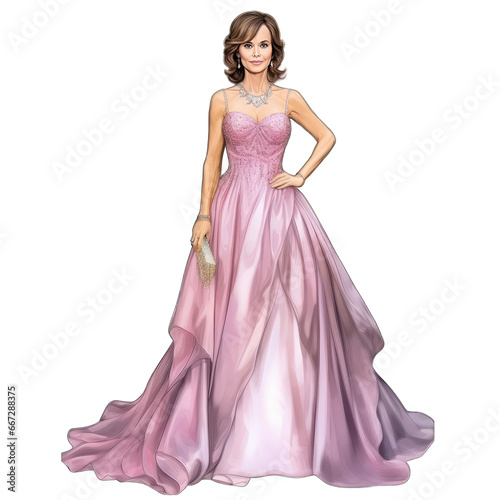 Beautiful middle aged brunette woman wearing an elaborate  fancy ballgown  isolated on transparent background