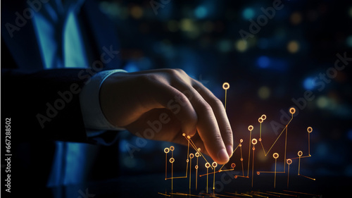 Businessman hand touching with finger glowing business chart concept on dark background