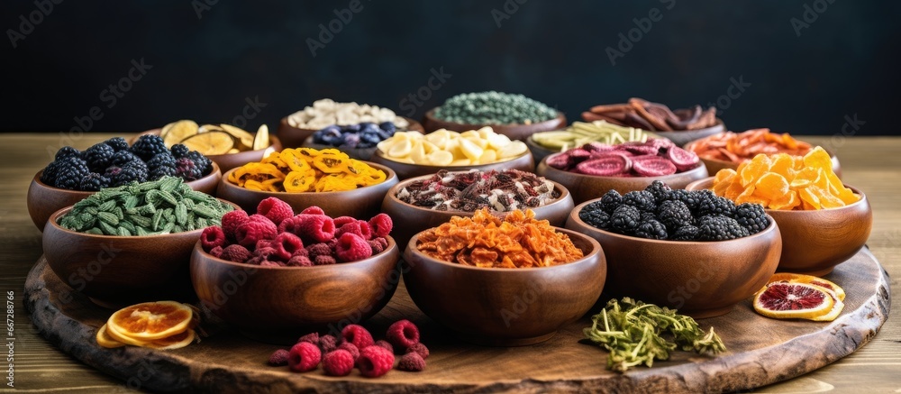 Immune boosting food in wooden bowls rich in antioxidants anthocyanins minerals vitamins aids cold and flu