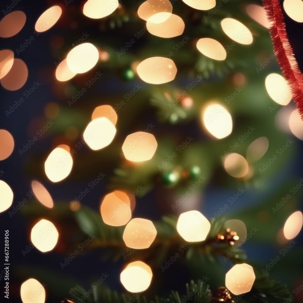 Closeup of Decorated Christmas tree on blurred, sparkling and fairy light background Closeup of Decorated Christmas tree on blurred, sparkling and fairy light background