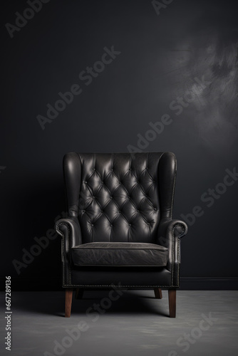 AI generation. Black leather chair against a black wall.
