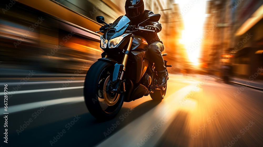 Sports motorcycle biker rider on blurred city street