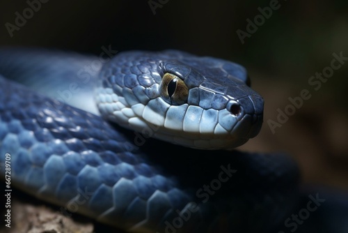 Close-up of a blue viper snake. Generative AI