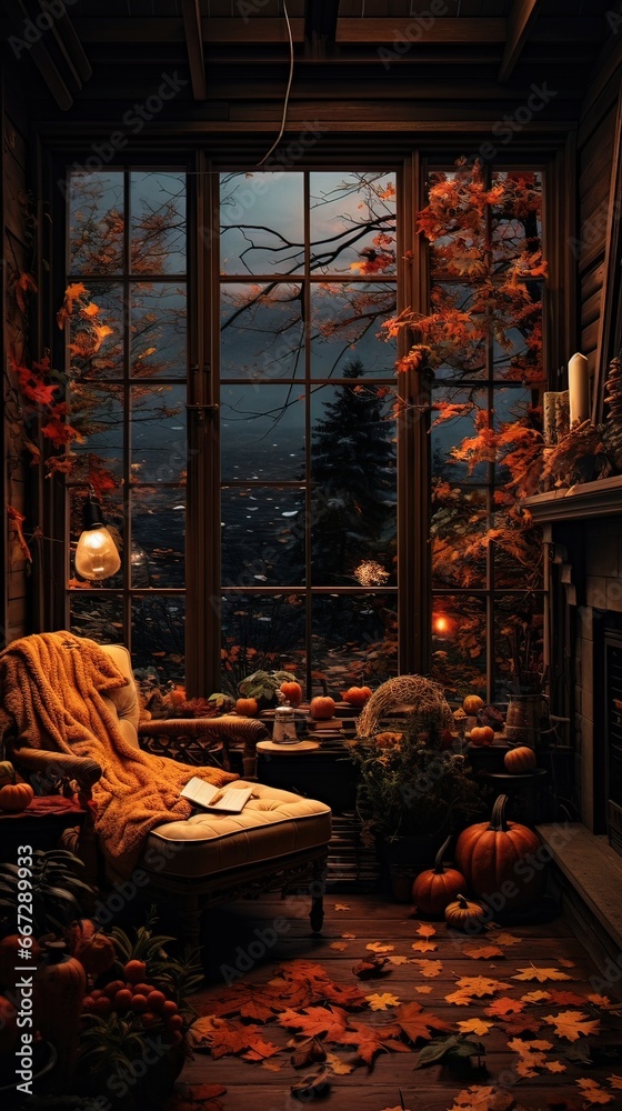 Cozy autumn aesthetic. AI generated art illustration.