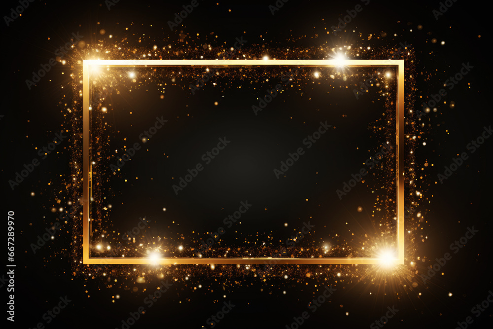 Obraz premium Gold Empty Glittering Rectangle Frame on Black Background