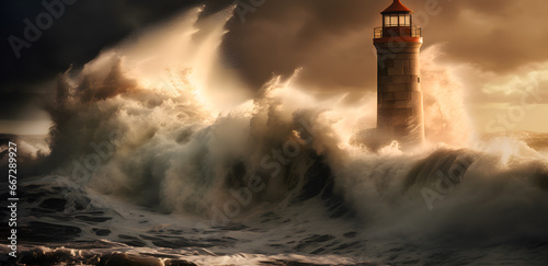 lighthouse getting hit by strong waves in a storm in the ocean