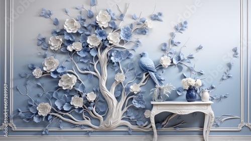 Niebieski ptak siedzący na gałęzi z niebieskimi kwiatami. 
