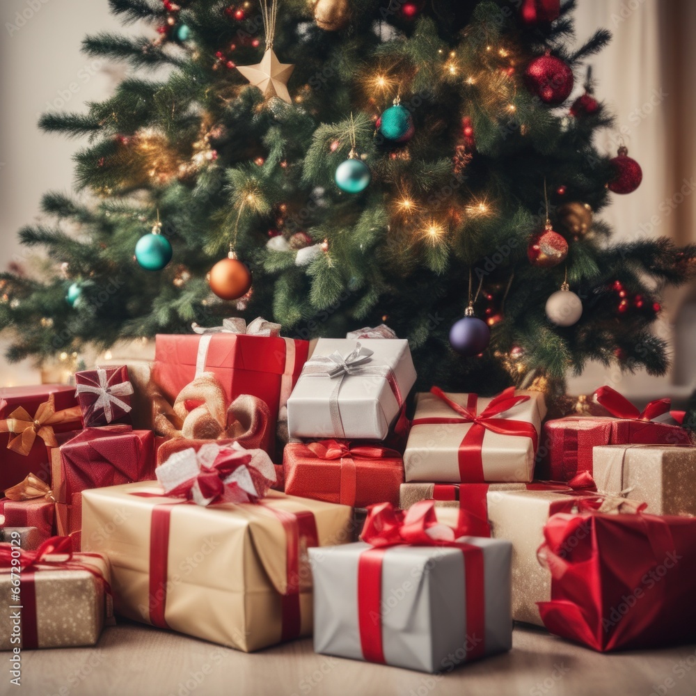 Presents and Wrapped Gifts boxes under Christmas Tree, Winter Holiday Concept Presents and Wrapped Gifts boxes under Christmas Tree, Winter Holiday Concept
