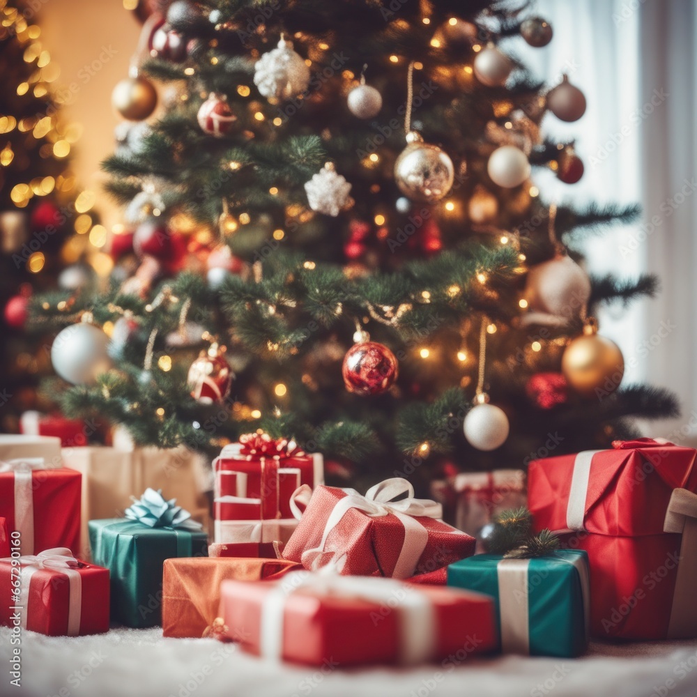 Presents and Wrapped Gifts boxes under Christmas Tree, Winter Holiday Concept