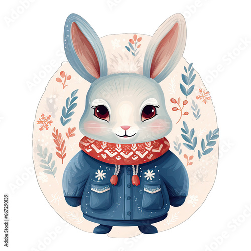 Scandinavian folk art bunny rabbit, dressed for winter weather. Isolated on transparent background
