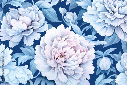 AI generation. Hand drawn illustration with peony flowers on blue background. © Ламина Акулова