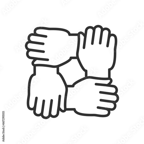 Mutual aid  hand holding hand  linear icon. Line with editable stroke