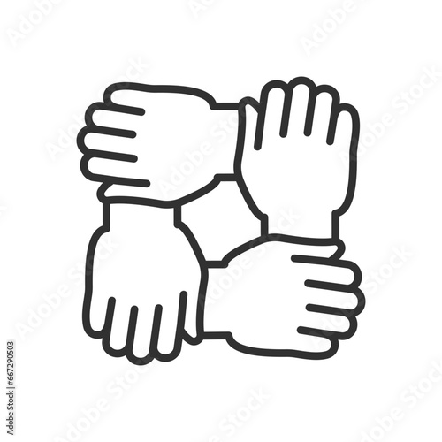 Mutual aid, hand holding hand, linear icon. Line with editable stroke