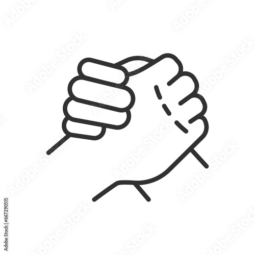 Friendly handshake, linear icon, helping arm of a friend, teamwork. Line with editable stroke