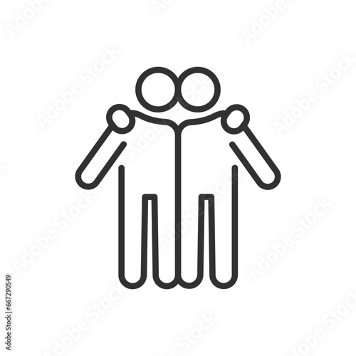 Two people hugging shoulders, linear icon, friendship. Line with editable stroke