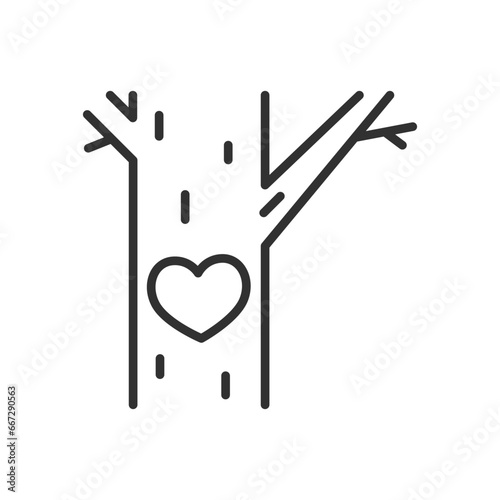 carved heart on tree, linear icon. Line with editable stroke