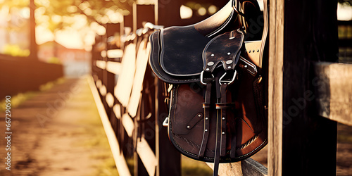 Leather saddle for horse team hangs on wooden fence at ranch or racetrack on sunny day outdoor