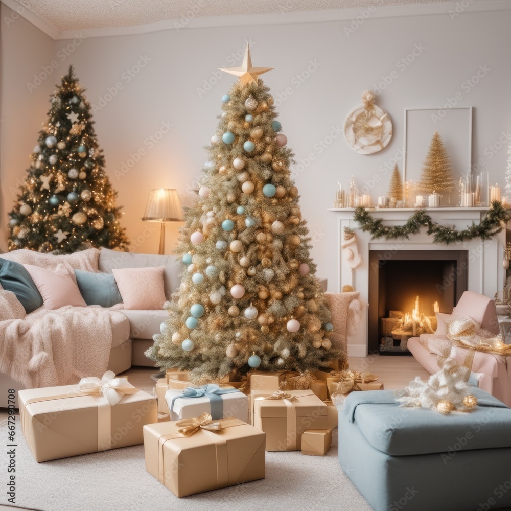 A cozy, luxurious, and modern living room interior with gift boxes under a decorated Christmas tree