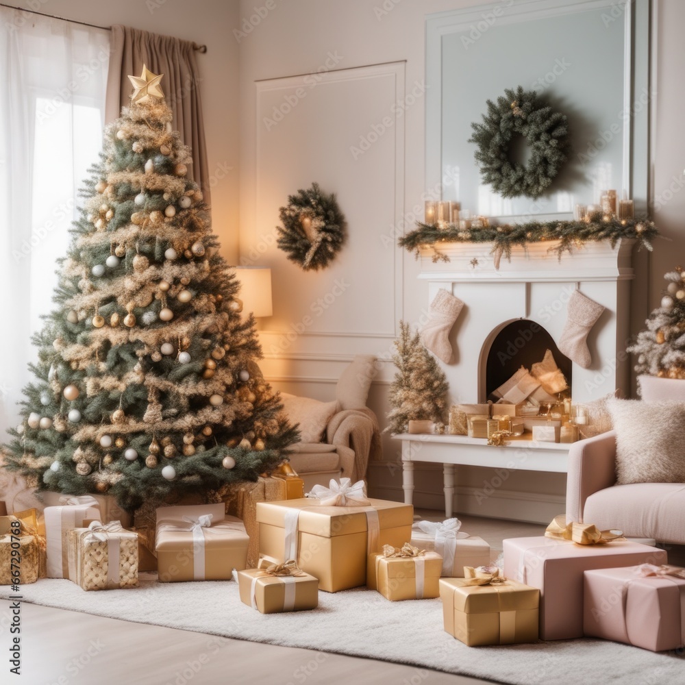 A cozy, luxurious, and modern living room interior with gift boxes under a decorated Christmas tree A cozy, luxurious, and modern living room interior with gift boxes under a decorated Christmas tree