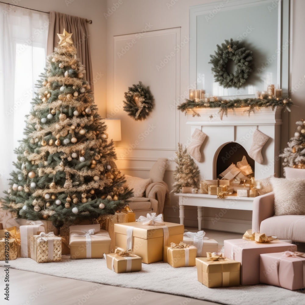 A cozy, luxurious, and modern living room interior with gift boxes under a decorated Christmas tree