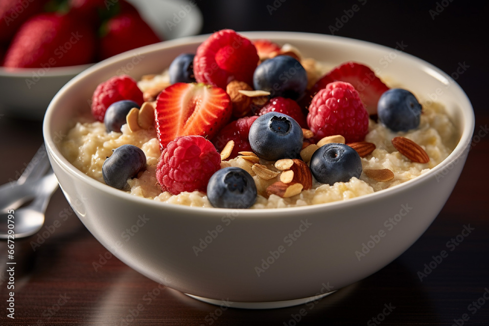 Oatmeal with fresh berries and nuts in bowl on wooden table. Oatmeal with fresh berries and nuts in bowl on wooden table.