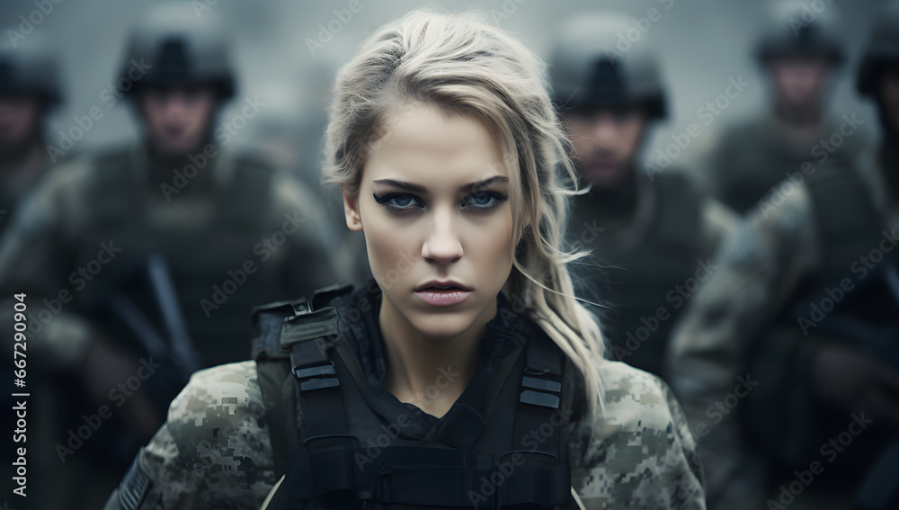 close-up of a female military army soldier with intense gaze
