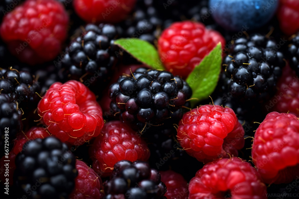Colorful mix of fresh berries in bowls. Raspberries, blueberries, blackberries, raspberries.