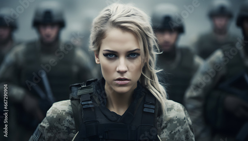 close-up of a female military army soldier with intense gaze © fraudiana