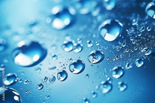 Water drops on blue background. Close up, macro shot.