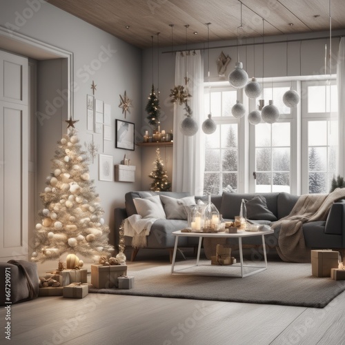 A cozy, luxurious, and modern living room interior with gift boxes under a decorated Christmas tree © shaadjutt36