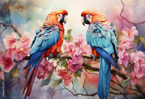 dwie papugi ary siedzące na gałezi na kolorowym tle © Bear Boy 