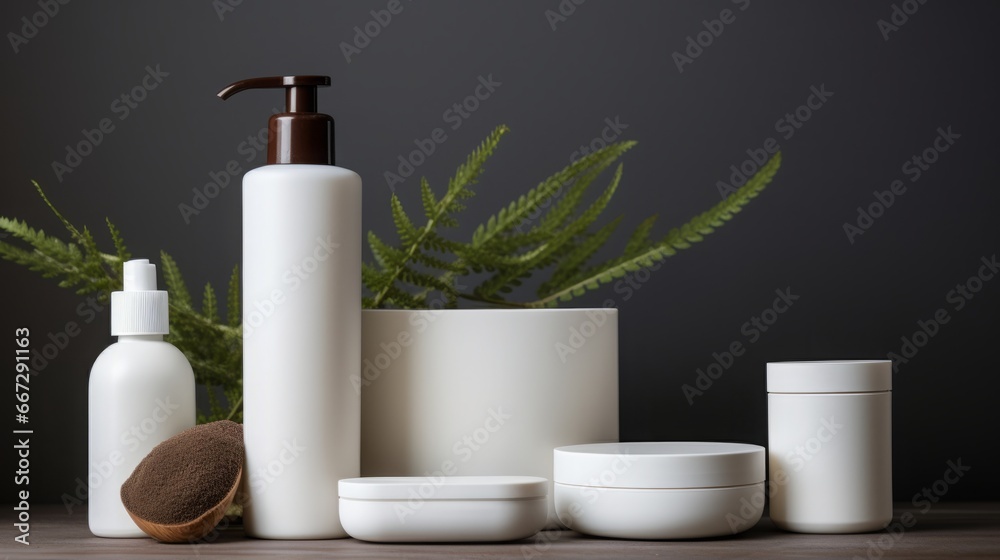 Isolated blank white skincare product set, no label or logo, copy space, 16:9