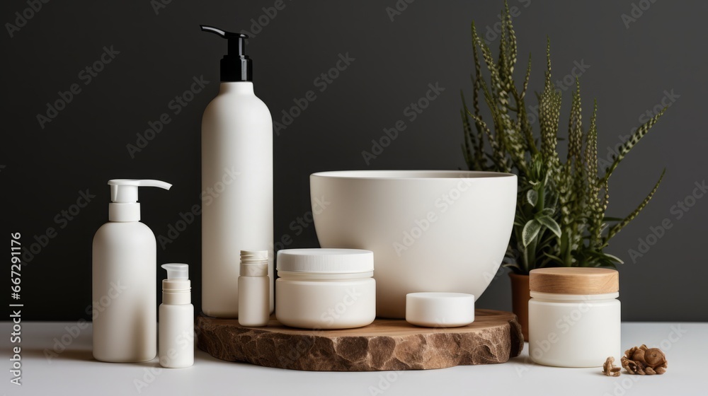 Isolated blank white skincare product set, no label or logo, copy space, 16:9 Isolated blank white skincare product set, no label or logo, copy space, 16:9