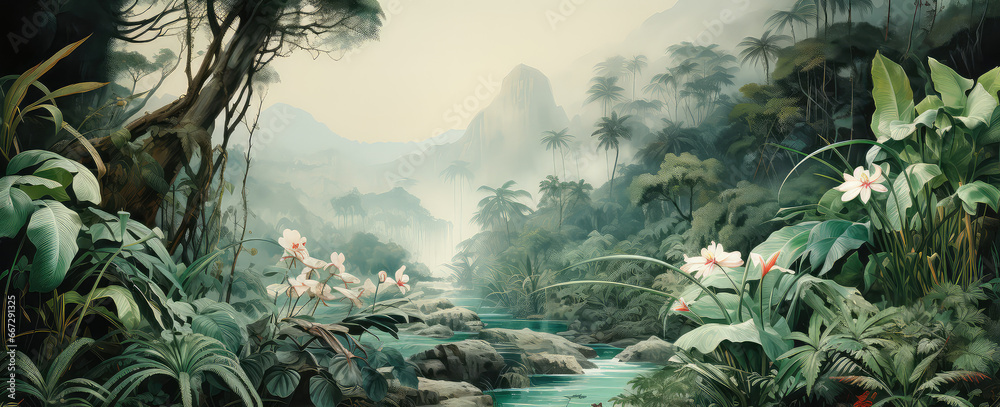 dżungla i liście lasów tropikalnych mural ptaki i motyle stary rysunek vintage tło - obrazy, fototapety, plakaty 