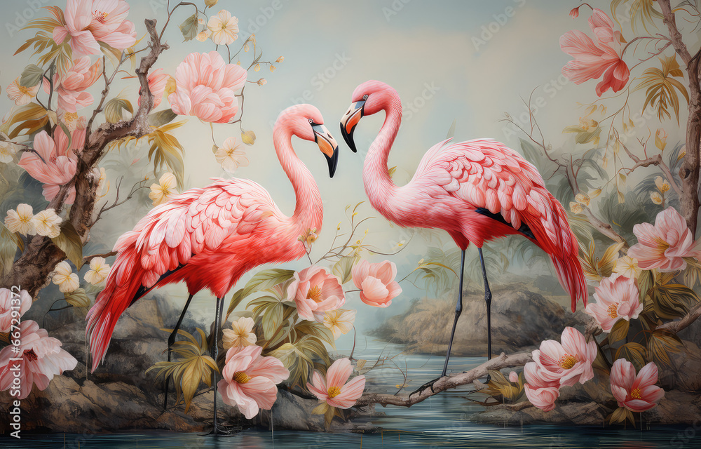 Zakochane różowe flamingi w egzotycznym lesie. Sztuka cyfrowa w stylu wodnych farb akwarelowych.  - obrazy, fototapety, plakaty 