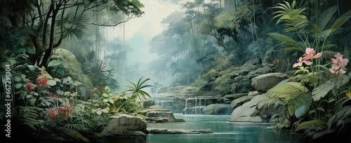 Obraz dżungla i liście lasów tropikalnych mural ptaki i motyle stary rysunek vintage tło