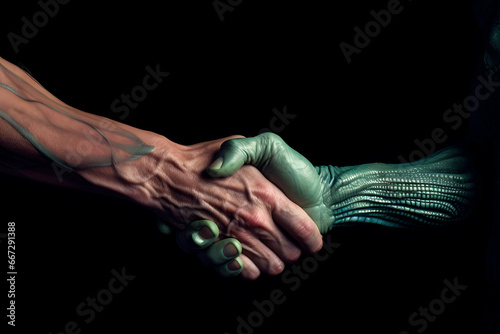 Handshake of human hand on one side and alien creature with green skin on other hand isolated on black background. Relationship between people and extraterrestrial civilization concept