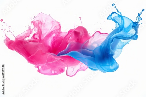 Paint splashes on white background. Blue and pink colors splash in water. Abstract colorful creative design. 