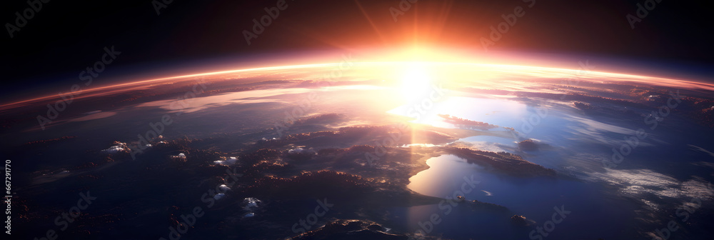 Panoramic view from space to horizon of planet earth with rising sun with bright rays at sunrise