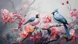 obraz przedstawiający dwa kolorowe ptaki siedzące na gałęzi przy kolorowych kwiatach w japonskim stylu