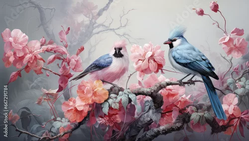 Obraz obraz przedstawiający dwa kolorowe ptaki siedzące na gałęzi przy kolorowych kwiatach w japonskim stylu