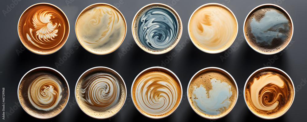 top view close up of assorted variety beautiful latte art designs on coffee cappuccino cups top view close up of assorted variety beautiful latte art designs on coffee cappuccino cups