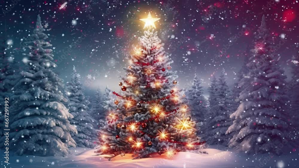 decorated Christmas tree under snow illuminated at Christmas eve night